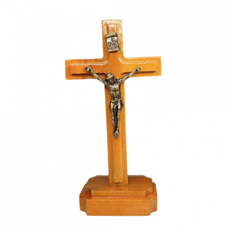 Crucifixo de Mesa Estilizado em Madeira de Demolição Envernizado