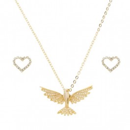 Colar do Espírito Santo e Brinco de Coração Vazado com Strass - Folheado