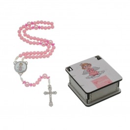 TERÇO INFANTIL ANJO DA GUARDA ROSA COM CAIXA